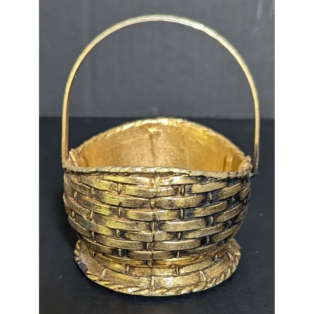 Vintage Solid Brass Woven Basket With Braided Handle Original Felt Bottom 3.75